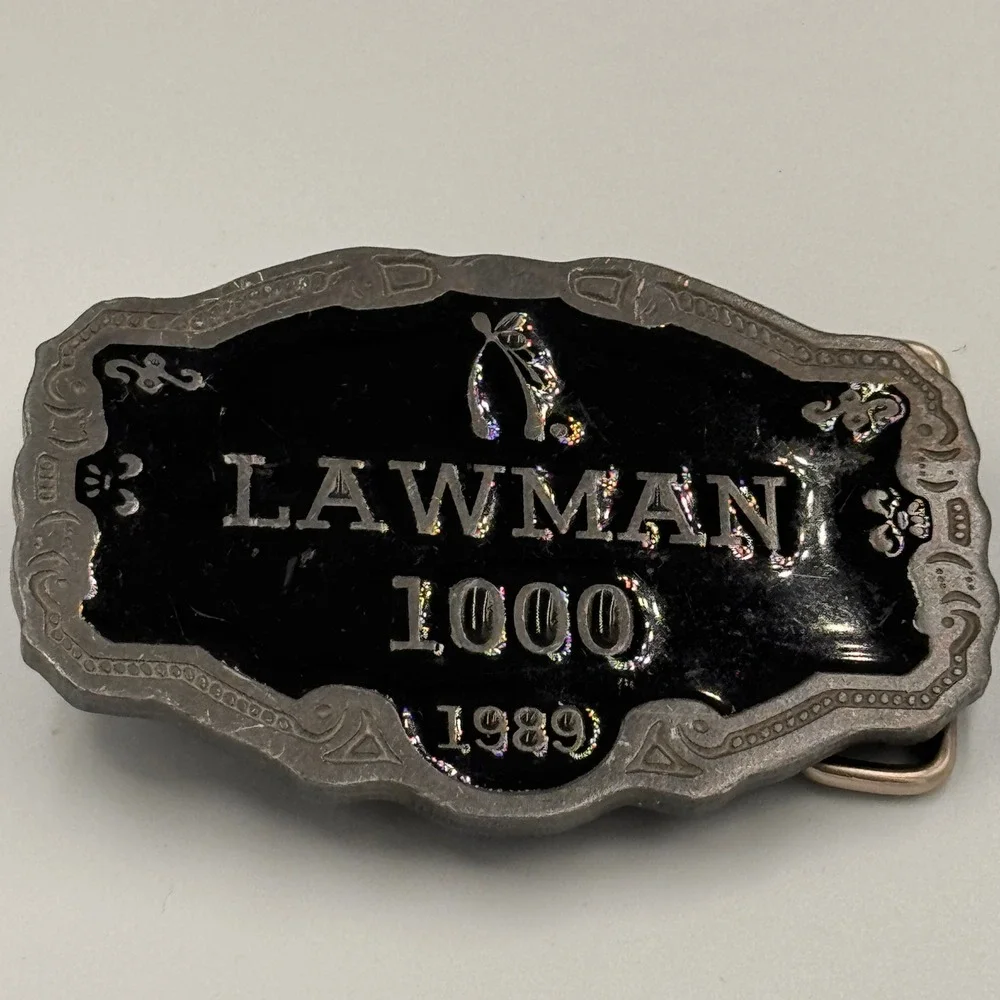 Vintage Lawman 1000 Belt Buckle 1989 Black Enamel Western Made in USA CD Hit
